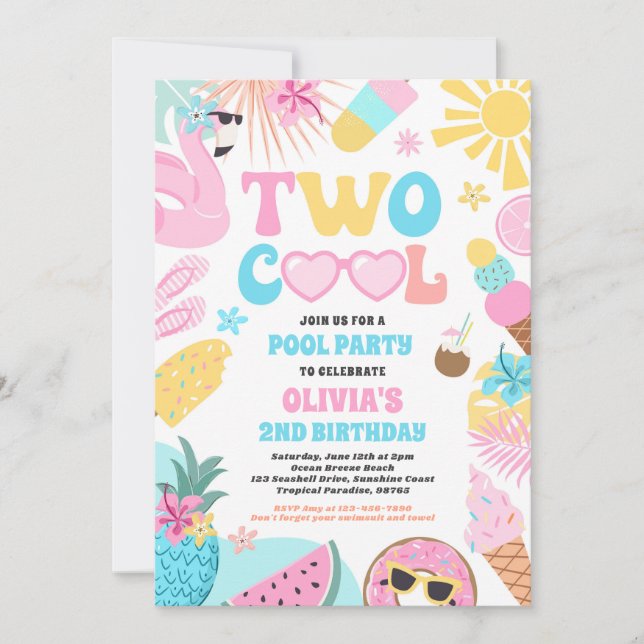Two Cool Tropical Summer Beach 2nd Birthday Party Invitation (Front)