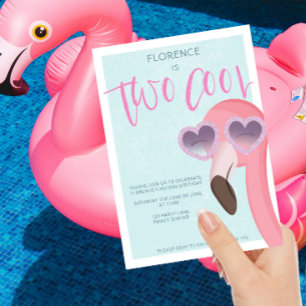 Two Cool   Tropical Summer Flamingo Birthday Invitation
