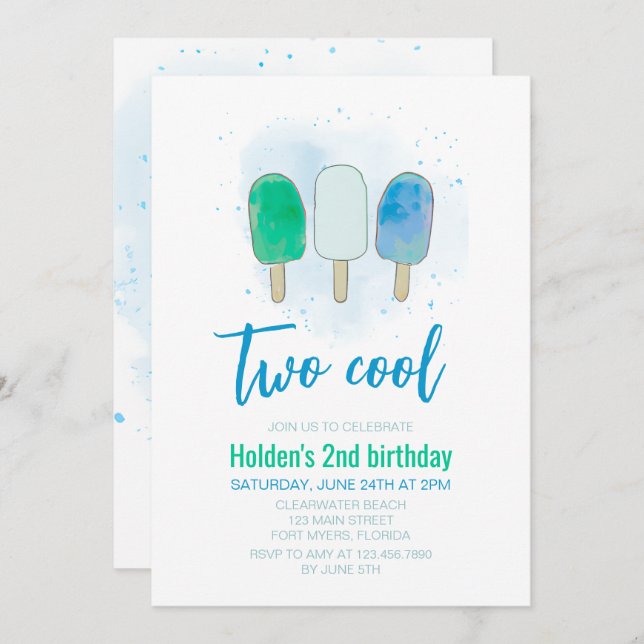 Two Cool Watercolor Popsicle Boy Birthday Invitation (Front/Back)