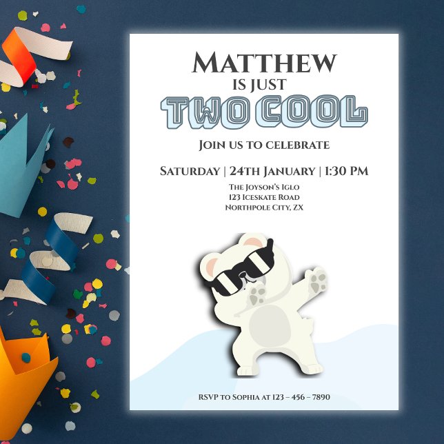 Two Cool Winter Polar Bear dabbing 2nd bday Invitation (Creator Uploaded)
