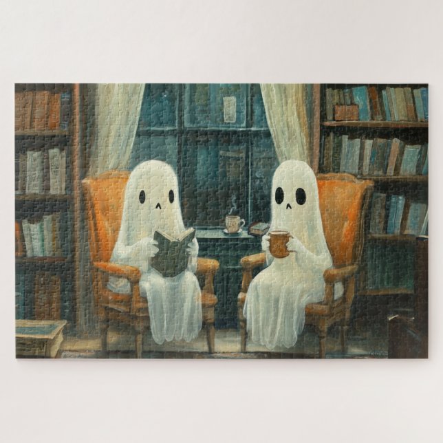 Two Cosy Ghosts Reading in a Library Jigsaw Puzzle (Horizontal)
