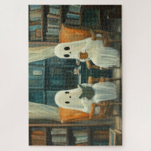 Two Cosy Ghosts Reading in a Library