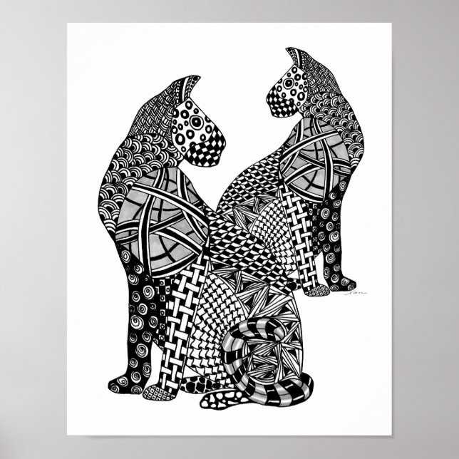 Two Cougar Tangled Black and White Cats Poster (Front)