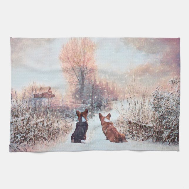Two Country Welsh Corgis in the Snow Tea Towel (Horizontal)