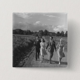 Two couples walking on country road B&W 15 Cm Square Badge