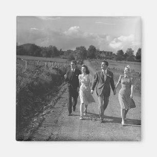 Two couples walking on country road B&W Magnet