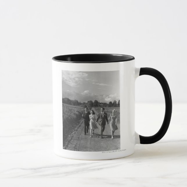 Two couples walking on country road B&W Mug (Right)