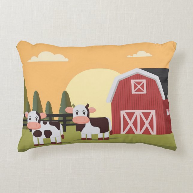 Two Cows and a Red Barn at Sunrise Decorative Cushion (Front)