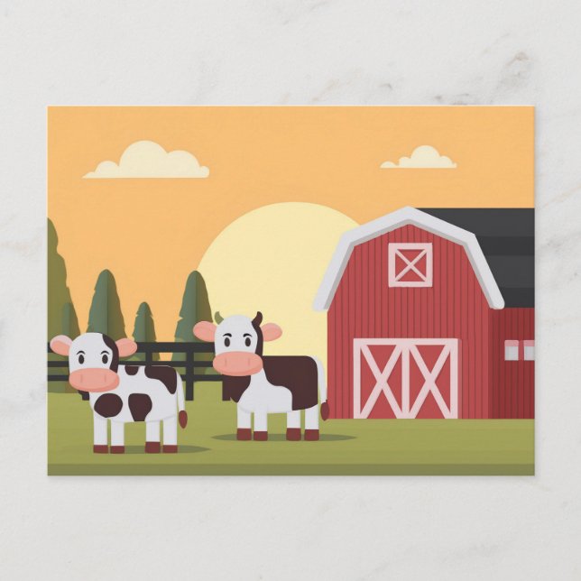 Two Cows and a Red Barn at Sunrise Postcard (Front)