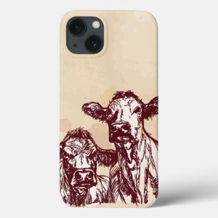 Two cows hand draw sketch & watercolor vintage iPhone 13 case