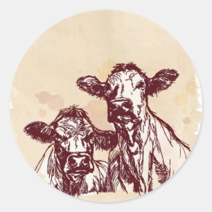Two cows hand draw sketch & watercolor vintage classic round sticker