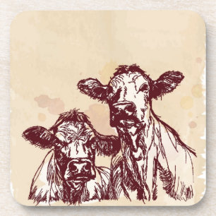 Two cows hand draw sketch & watercolor vintage coaster