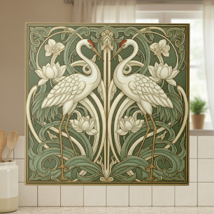 Two Cranes Art Nouveau Pat#10 Olive Ivory ID1193 Ceramic Tile