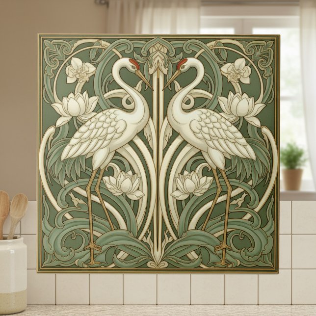 Two Cranes Art Nouveau Pat#10 Olive Ivory ID1193 Ceramic Tile (Creator Uploaded)