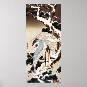 Two cranes on a pine covered with snow, Hiroshige Poster