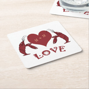 Two Crawfish Lobsters And Heart Square Paper Coaster
