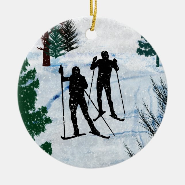 Two Cross Country Skiers Ceramic Ornament (Front)