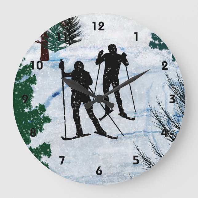 Two Cross Country Skiers in Snow Squall Large Clock (Front)