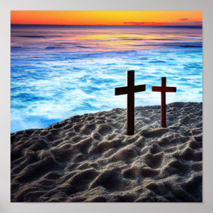 Two Crosses at the Seashore at Sunset Poster