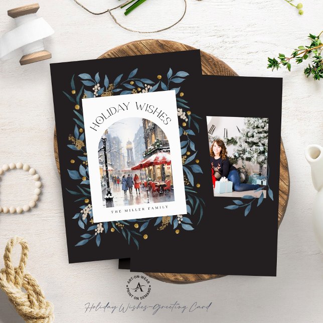 Two Custom Photos Holiday Wishes Floral Frame Invitation (Creator Uploaded)