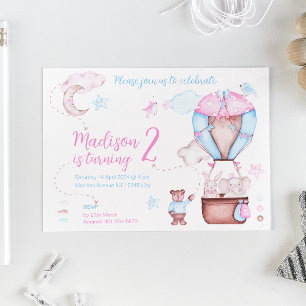 Two Cute Animals Balloon Whimsical Birthday Invitation