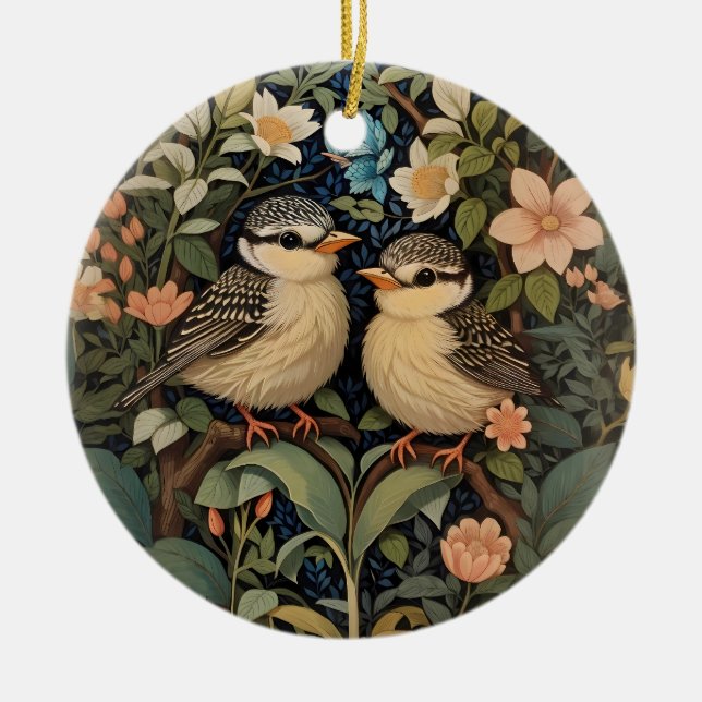 Two Cute Baby Birds Botanical Garden Ceramic Ornament (Front)