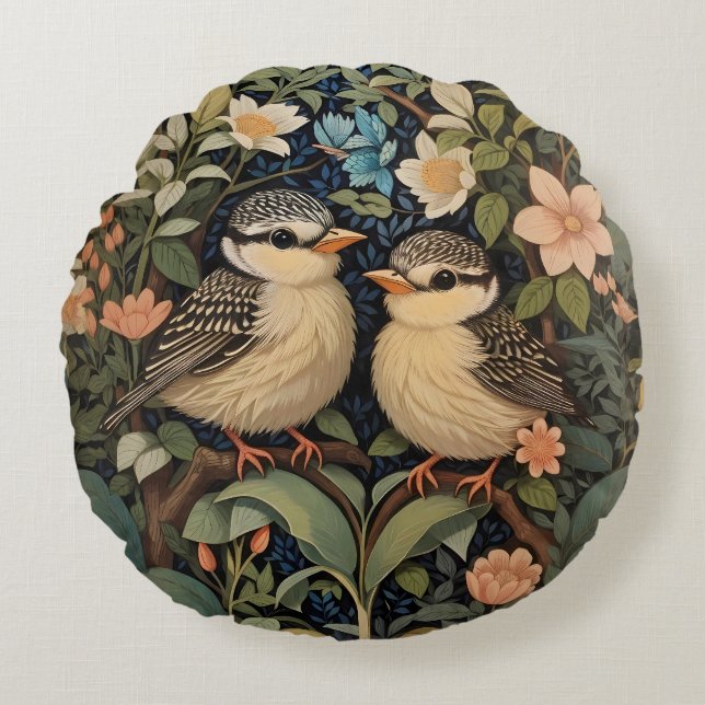 Two Cute Baby Birds Botanical Garden Round Cushion (Front)