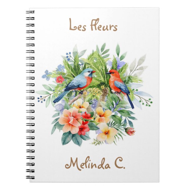 Two Cute Birds with Tropical Flowers Notebook (Front)
