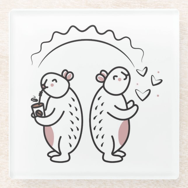 Two cute black line capybaras glass coaster (Front)