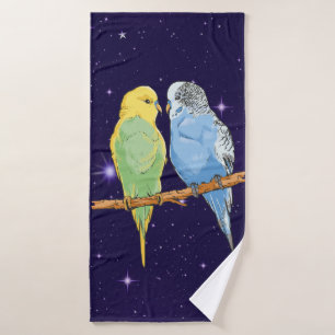 Two cute blue and green Budgie Bath Towel