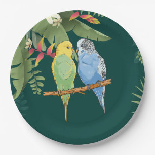 Two cute blue and green Budgies Paper Plate