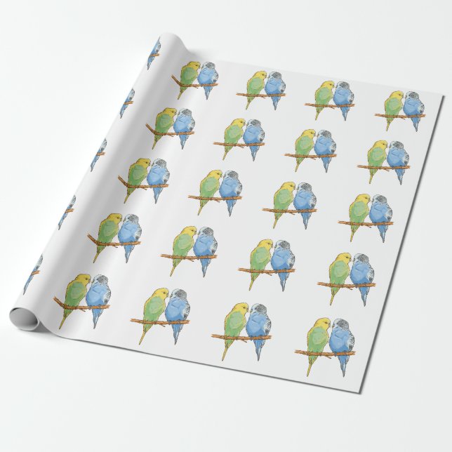 Two cute blue and green Budgies Wrapping Paper (Unrolled)