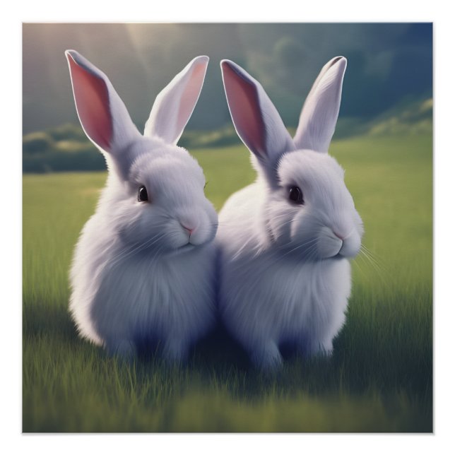 Two Cute Bunnies in field Glossy Poster (Front)