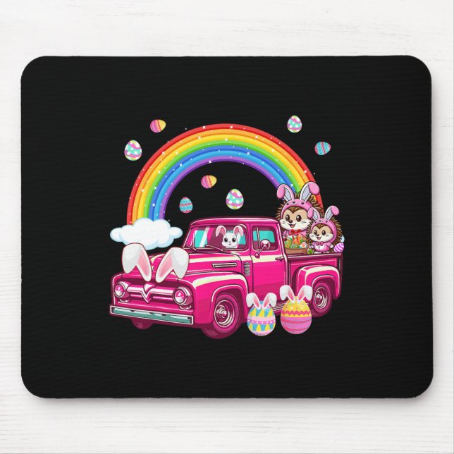Two Cute Bunny Hedgehogs On Truck Easter Hunting E Mouse Pad (Front)
