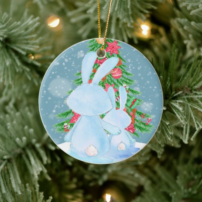 Two Cute Bunny Rabbits Christmas Tree in Snow Ceramic Ornament (Tree)