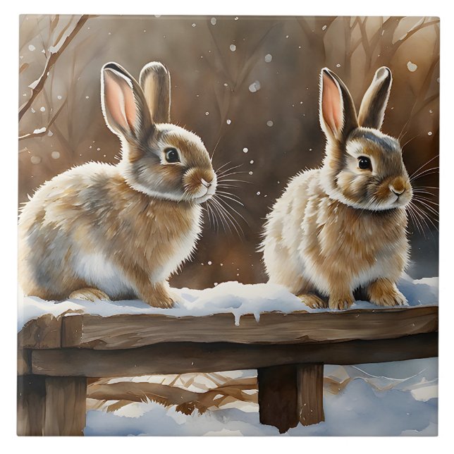 Two Cute Bunny Rabbits on a Bench in Snow Ceramic Tile (Front)