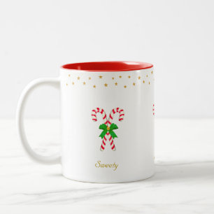 Two cute candy canes, golden stars & editable text Two-Tone coffee mug