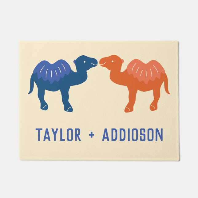 Two Cute Cartoon Camels Couples Personalised Doormat (Front)