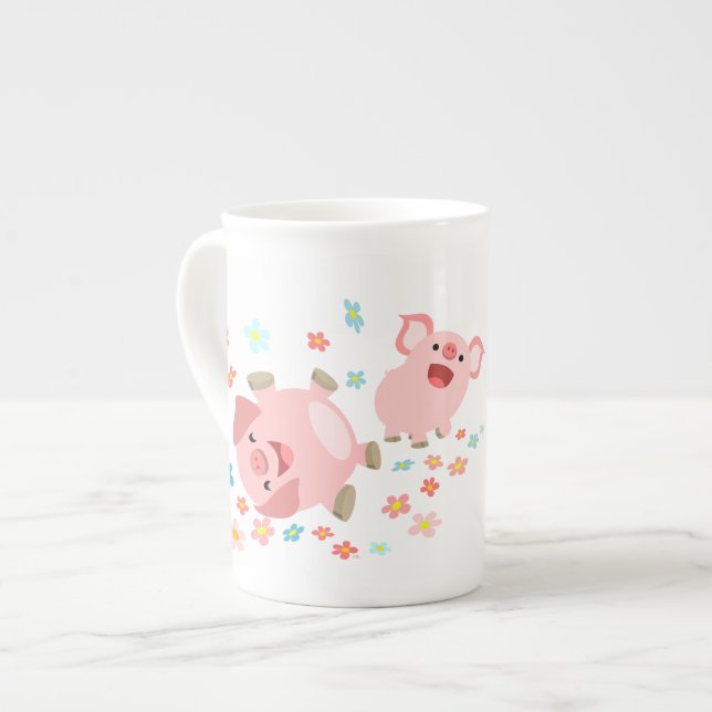 Two Cute Cartoon Pigs in Spring Bone China Mug (Front Left)