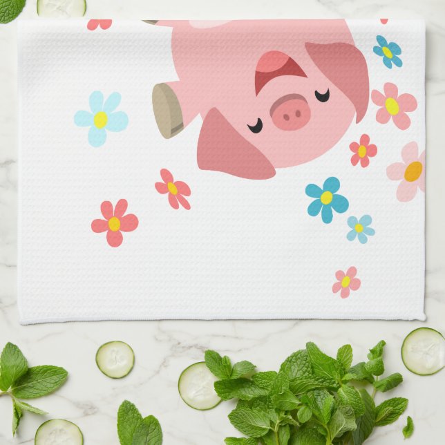 Two Cute Cartoon Pigs in Spring Kitchen Towel (Folded)