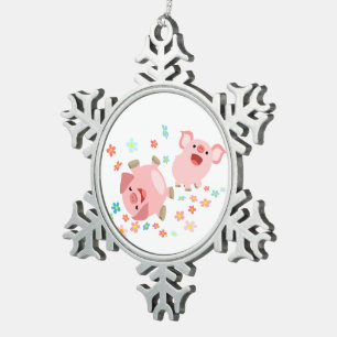 Two Cute Cartoon Pigs in Spring Pewter Ornament
