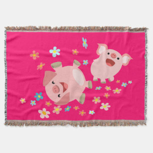 Two Cute Cartoon Pigs in Spring Throw Blanket