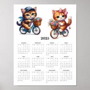 Two Cute Cats Riding Bicycles 2025 Wall Calendar Poster