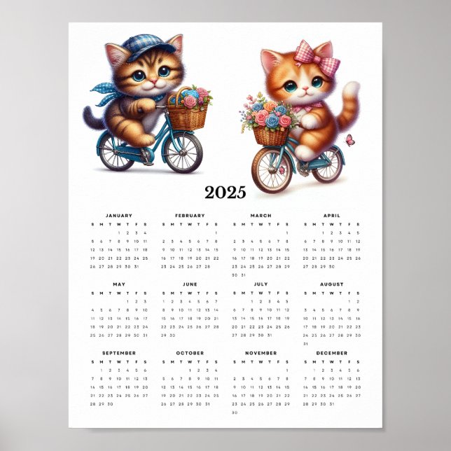 Two Cute Cats Riding Bicycles 2025 Wall Calendar Poster (Front)