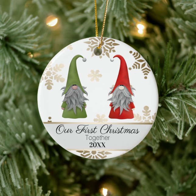 Two Cute Christmas Garden Gnomes First Christmas Ceramic Ornament (Tree)