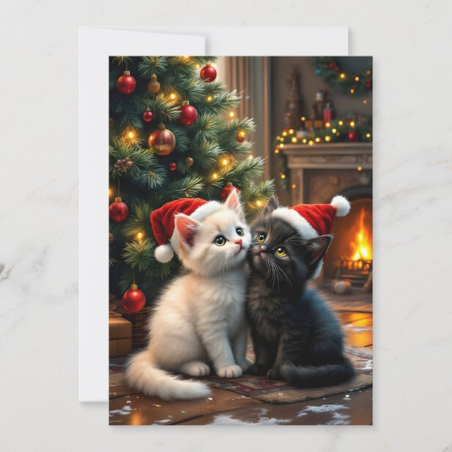 Two cute Christmas kitten with Santa hats Holiday Card (Front)