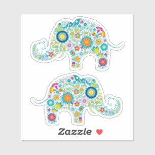 Two Cute Colourful Retro Floral Elephant
