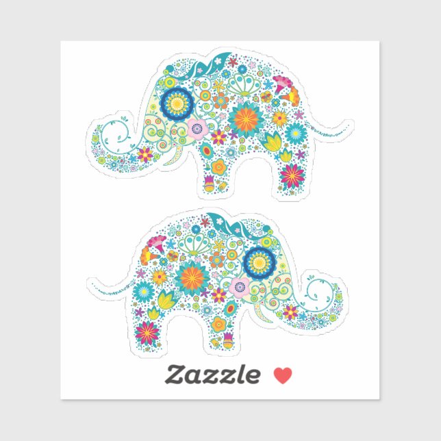 Two Cute Colourful Retro Floral Elephant  (Sheet)