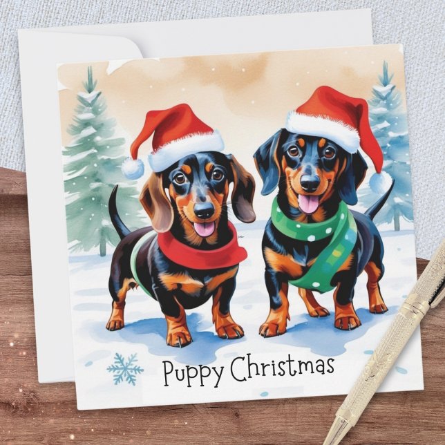 Two Cute Dachshund Puppies Pet Dog Puppy Christmas Holiday Card (A Christmas card with illustration of two cute dachshund puppies and caption 'Puppy Christmas')