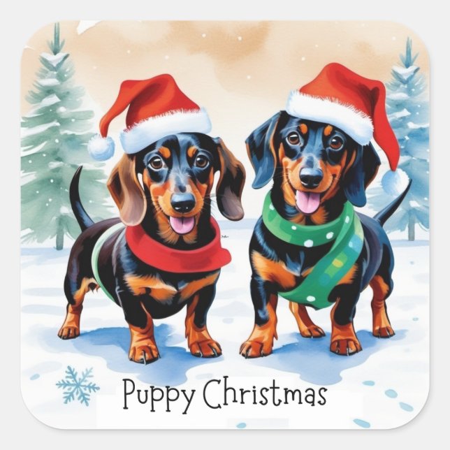 Two Cute Dachshund Puppies Pet Dog Puppy Christmas Square Sticker (Front)